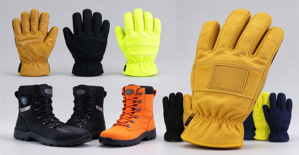 Product display of three firefighter glove color options brown black and fluorescent yellow, paired with black leather and orange rescue boots, one tan glove showing blank LOGO patch area