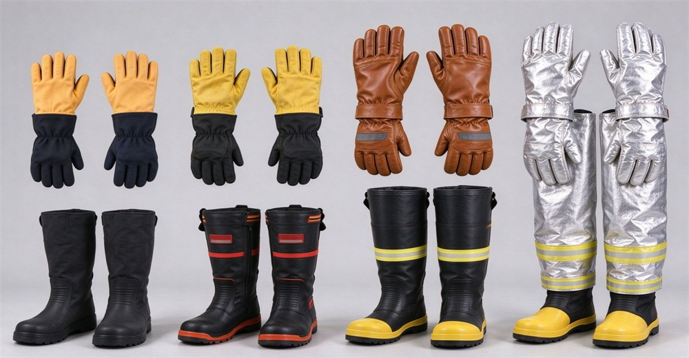 Collection of heat resistant protective gloves and fire safety boots with reflective markings for rescue operation
