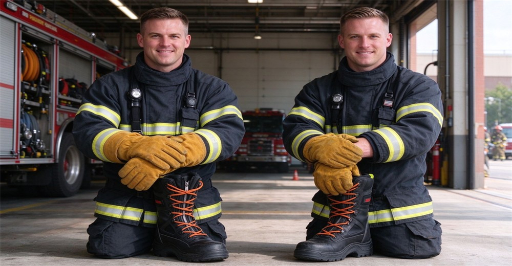 Two rescue personnel kneel in protective suits with heat resistant gloves and safety boots inside fire station bay