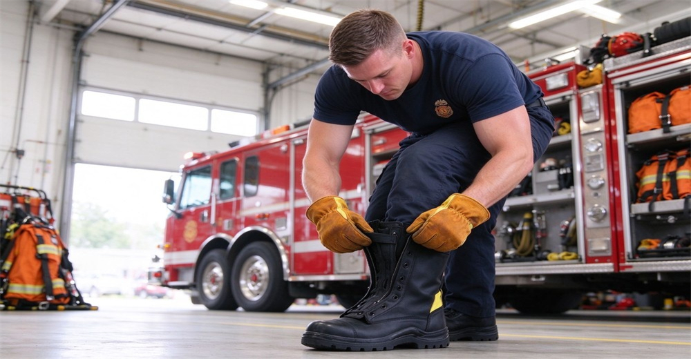 Fire service staff fitting protective fire boots while wearing heat resistant work gloves inside station bay