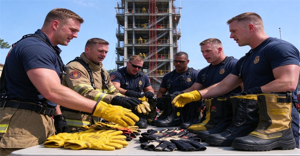 Rescue crew inspecting protective gloves and safety boots during outdoor equipment check