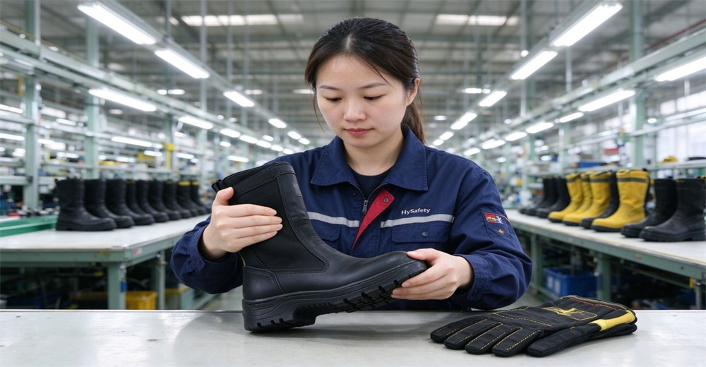 Factory quality inspector examining finished protective safety boot on production workshop line