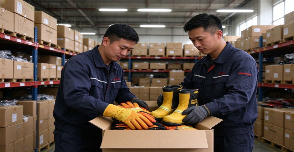 Warehouse staff sorting protective gloves and safety boots inside packaging carton