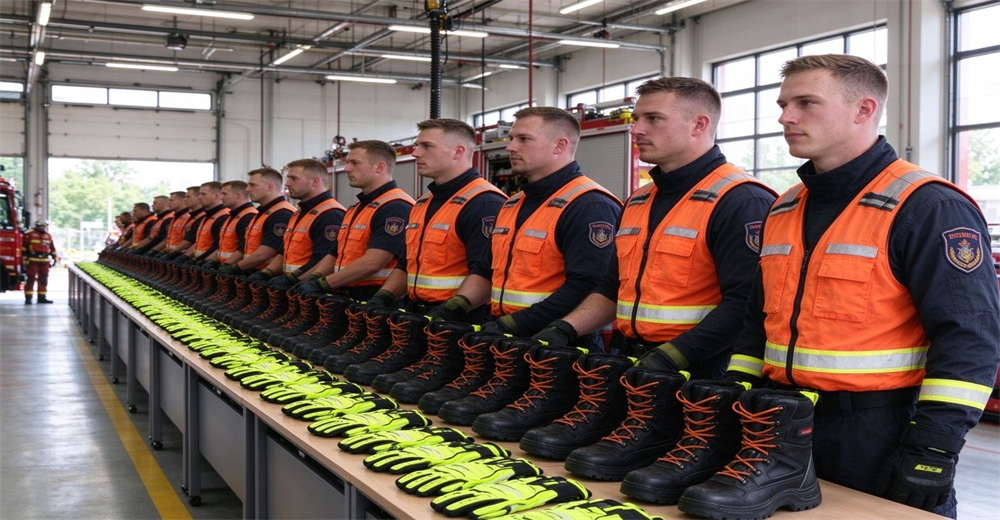 Rescue personnel lined up beside neatly arranged sets of protective gloves and safety boots