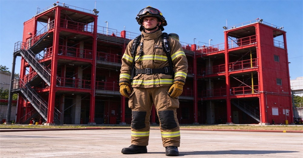 Firefighter in full protective turnout gear with helmet breathing apparatus and fire gloves