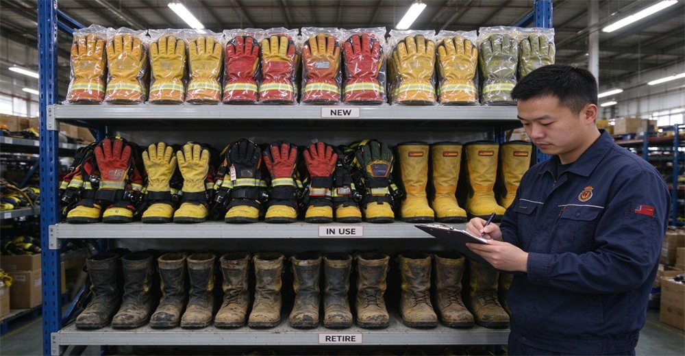 Warehouse officer conducting inventory check of fire protective gloves and safety boots on storage racks