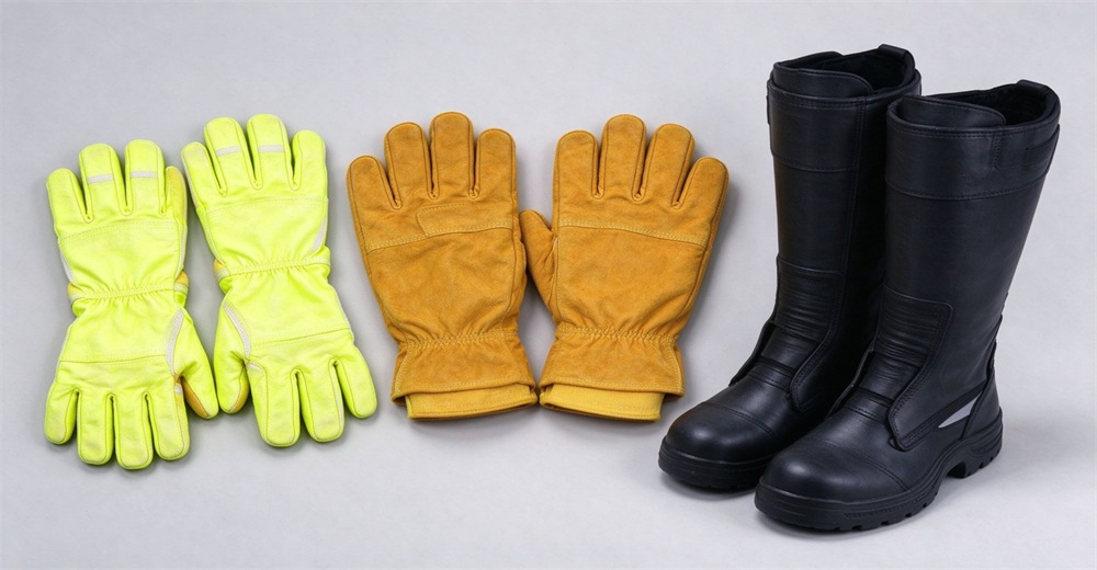 High visibility fire protective gloves and leather fire gloves displayed together with black leather fire safety boots for rescue operation