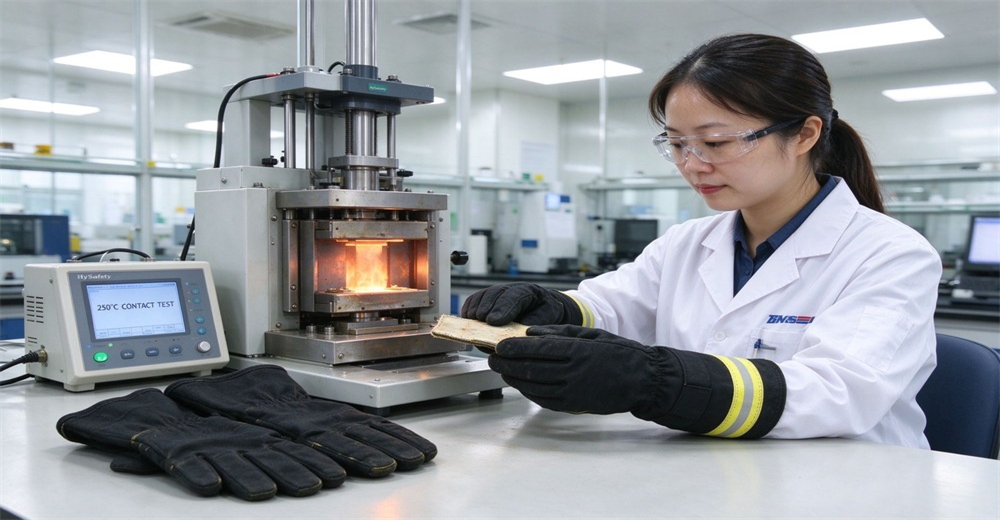 Lab technician performs high temperature contact resistance test on fire glove material sample with thermal testing equipment