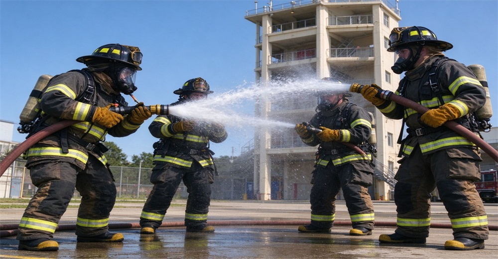 Team of firefighters wearing protective turnout gear and fire gloves operating fire hoses for water spray drill