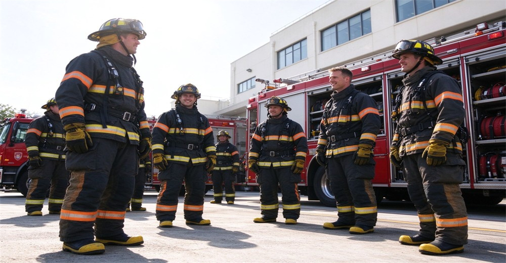 Group of firefighters in full protective suits fire gloves and safety boots gathering beside fire trucks