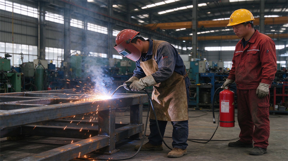 Welder with welding helmet works on steel frame while another worker stands by with fire extinguisher in factory workshop Welder with welding helmet works on steel frame while another worker stands by with fire extinguisher in factory workshop