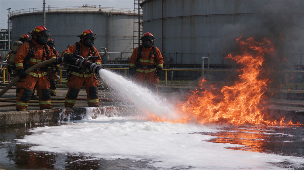 Firefighters in orange fire fighting suits operate foam nozzle to spray fire suppression foam towards burning liquid fire at industrial tank farm. Firefighters in orange fire fighting suits operate foam nozzle to spray fire suppression foam towards burning liquid fire at industrial tank farm.