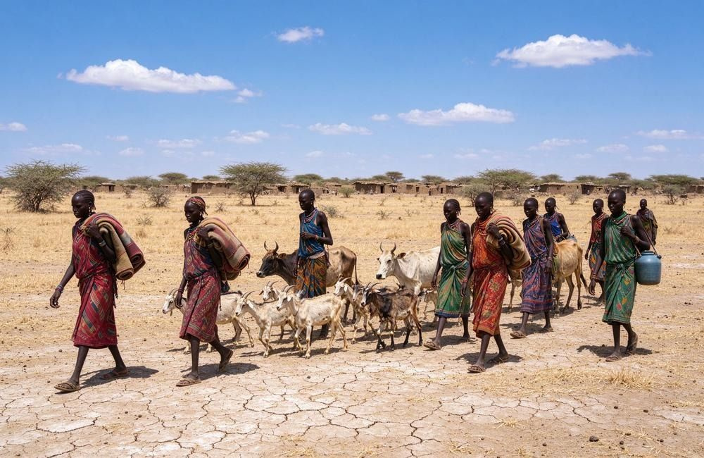 Pastoralist families walking with livestock across dry savanna land in East Africa during drought, showing why blankets for drought relief are essential relief items