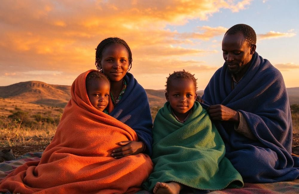 African family wrapped in thick blankets at dusk in a drought highland area, showing why warm blankets for drought highlands are core relief bedding