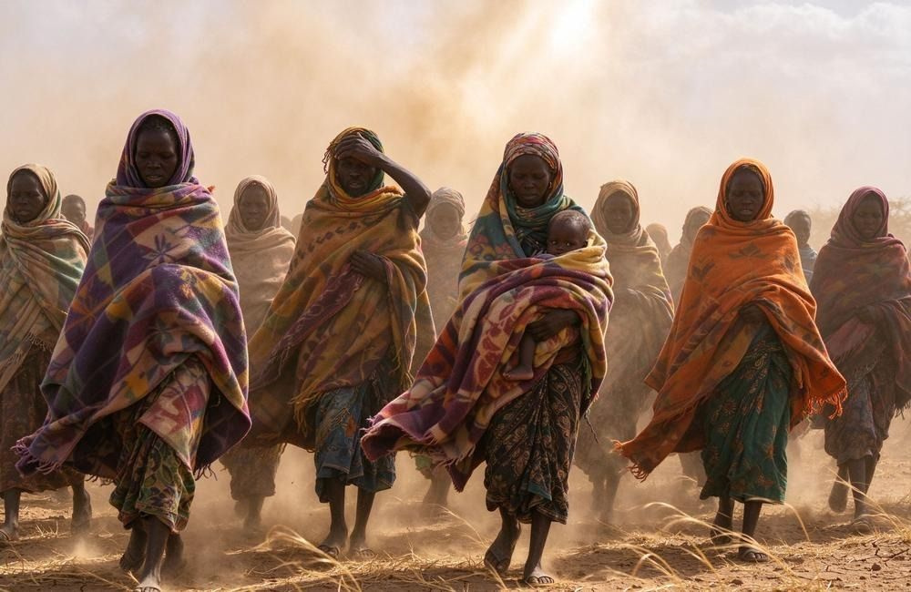 Villagers protecting themselves from a dust storm with blankets in a drought area, showing why dust resistant blankets are essential drought relief supplies
