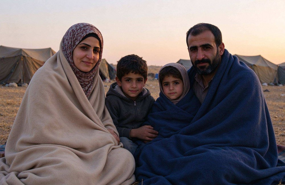 People wrapped in warm blankets outdoors in cold dry weather, showing why blankets for drought relief are essential for night-time cold in drought zones