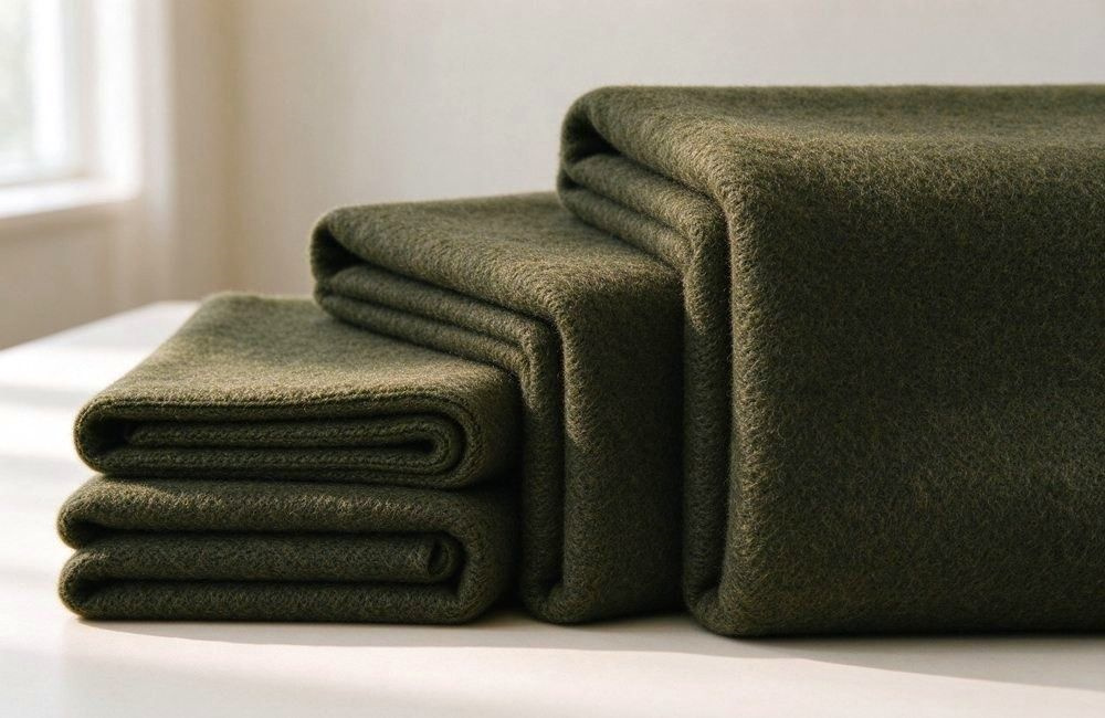 Three folded blanket samples labelled with different GSM weights for drought relief programs, showing how blanket specifications for arid highlands are chosen