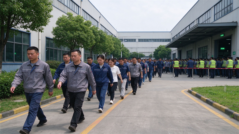 Factory workers in work uniforms walk orderly along factory passageway for emergency evacuation from industrial workshop area. Factory workers in work uniforms walk orderly along factory passageway for emergency evacuation from industrial workshop area.