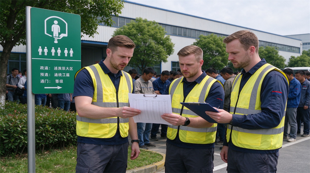 Three safety supervisors in high visibility vests check personnel attendance sheets beside emergency assembly point sign at factory site. Three safety supervisors in high visibility vests check personnel attendance sheets beside emergency assembly point sign at factory site.