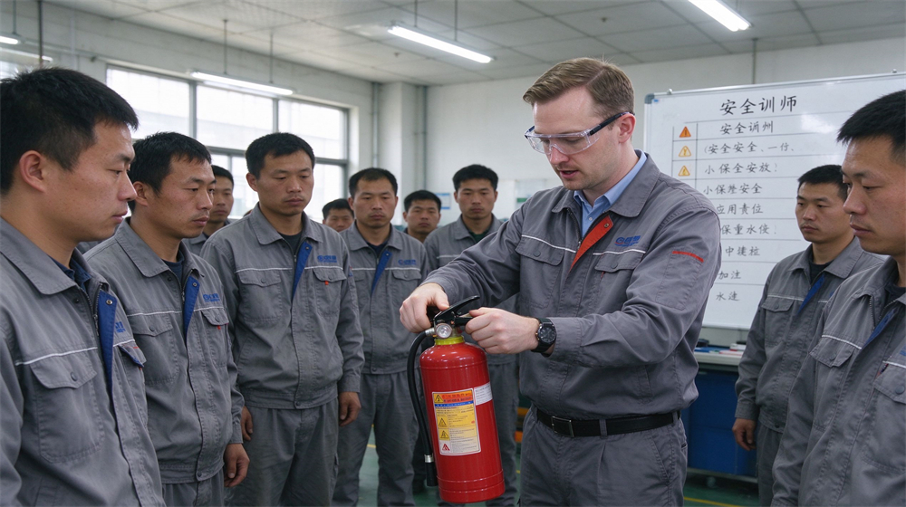 Safety instructor wearing protective goggles demonstrates the correct operation method of red portable fire extinguisher for factory workers inside industrial workshop. Safety instructor wearing protective goggles demonstrates the correct operation method of red portable fire extinguisher for factory workers inside industrial workshop.