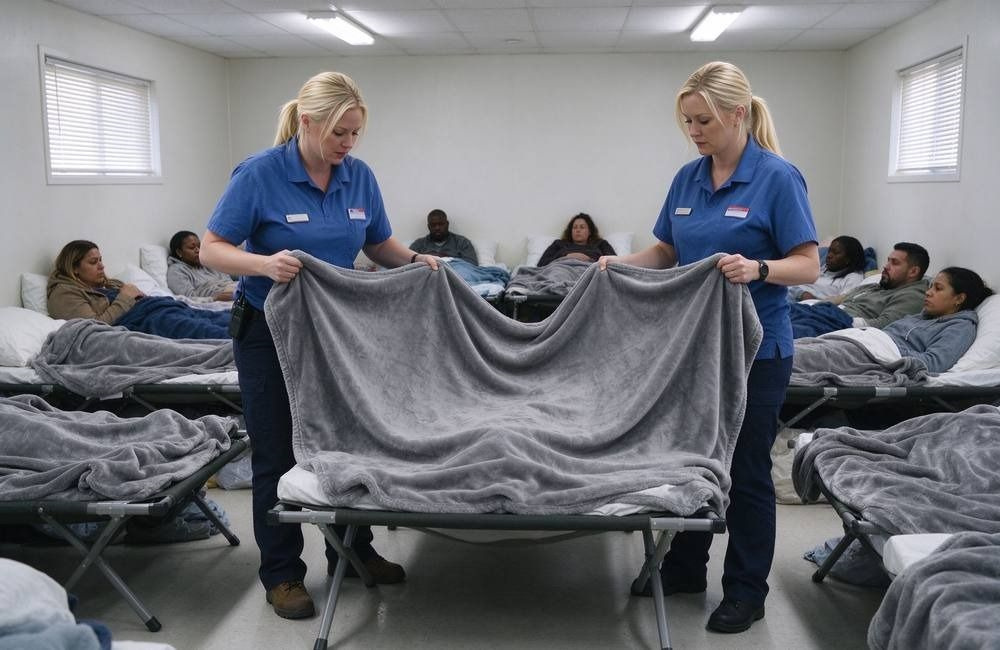 Tent and shade structure being set up at a drought camp in East Africa, showing drought shelter tents for displaced families