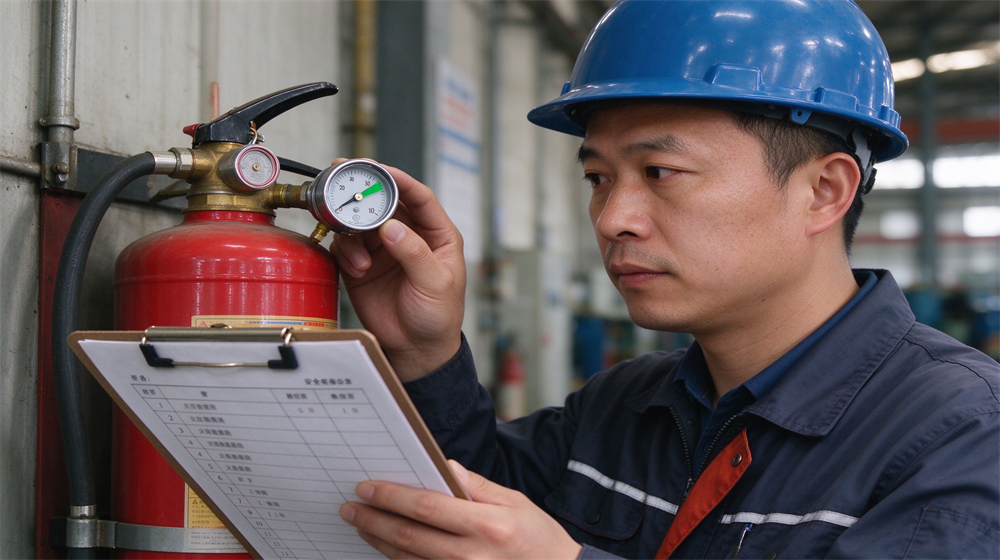 Safety inspector with blue safety helmet checks pressure gauge of fire extinguisher and records data on inspection form in industrial workshop. Safety inspector with blue safety helmet checks pressure gauge of fire extinguisher and records data on inspection form in industrial workshop.