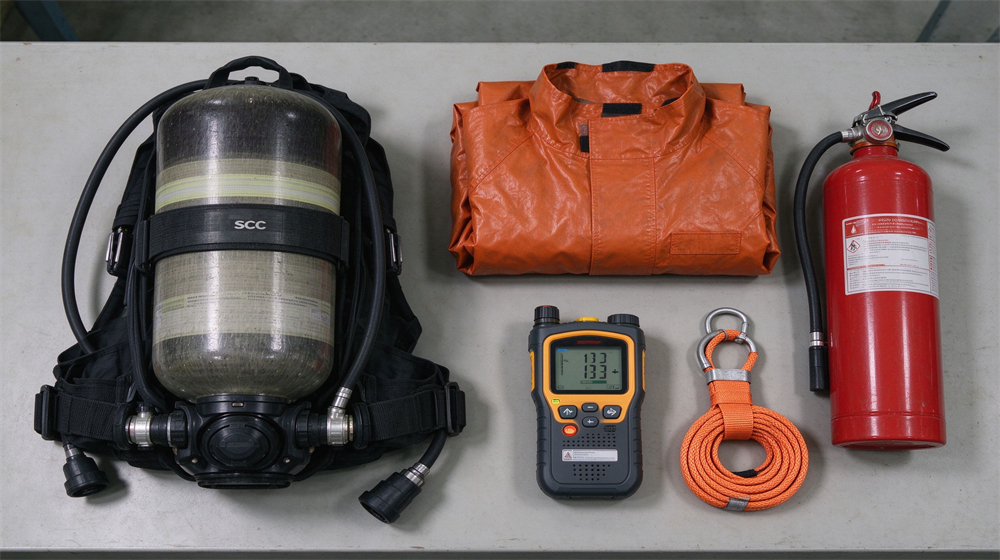 Breathing apparatus, protective garment, gas detector, rescue rope and fire extinguisher neatly laid out on flat table for safety equipment inspection. Breathing apparatus, protective garment, gas detector, rescue rope and fire extinguisher neatly laid out on flat table for safety equipment inspection.