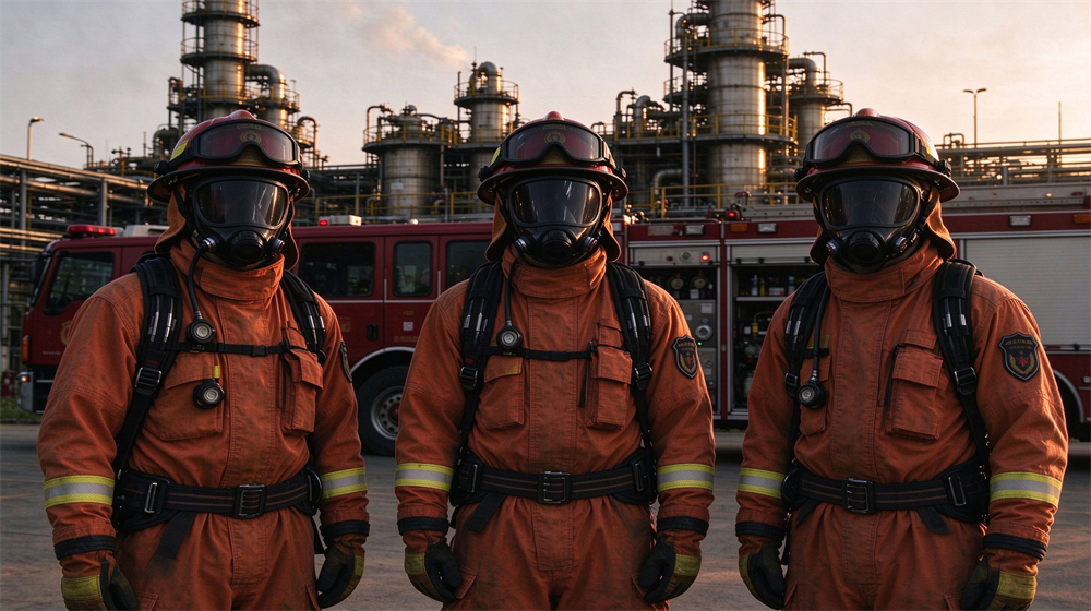 Three firefighters in orange fire protective suits and breathing apparatus stand in front of chemical refinery plant and fire truck. Three firefighters in orange fire protective suits and breathing apparatus stand in front of chemical refinery plant and fire truck.