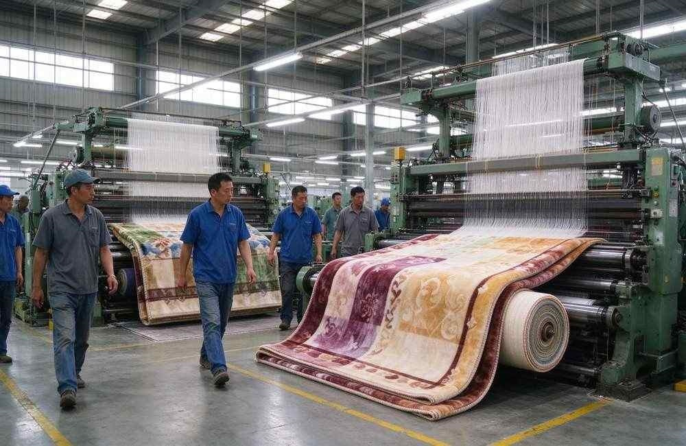 Asian workers on a blanket production weaving line in the factory, showing production capacity for bulk drought relief orders and wholesale supply