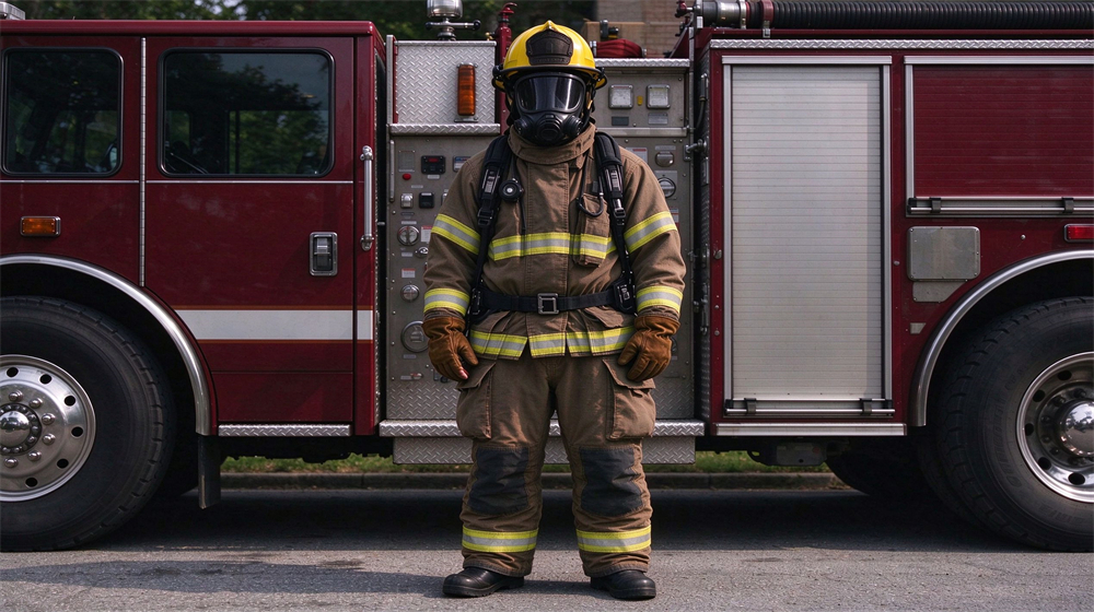 Firefighter with yellow helmet, breathing mask and fire turnout gear stands in front of fully equipped red fire engine.