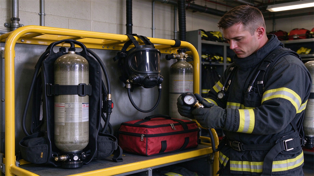 Firefighter inspects fire helmets with headlamps neatly stored on storage rack inside fire station equipment room.