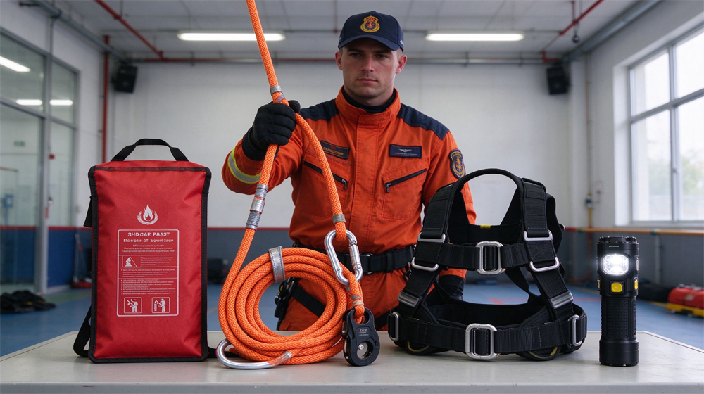 Rescue technician shows orange climbing rope, safety harness, rescue bag and flashlight prepared for rope rescue operation. Rescue technician shows orange climbing rope, safety harness, rescue bag and flashlight prepared for rope rescue operation.