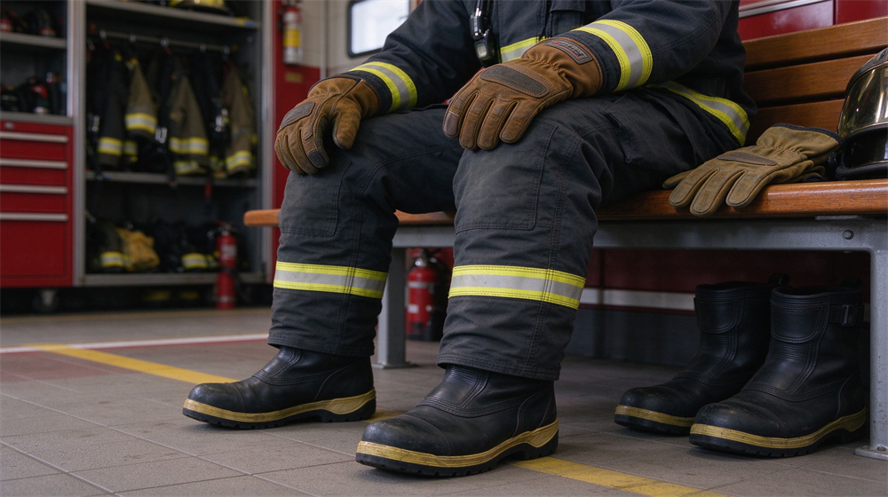Firefighter rests on bench inside fire station equipment room, wearing protective gloves, fire-resistant clothing and fire boots. Firefighter rests on bench inside fire station equipment room, wearing protective gloves, fire-resistant clothing and fire boots.