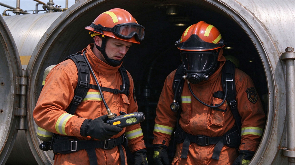 Two firefighters in protective clothing and breathing apparatus check gas detector readings while conducting confined space inspection inside an industrial tank. Two firefighters in protective clothing and breathing apparatus check gas detector readings while conducting confined space inspection inside an industrial tank.