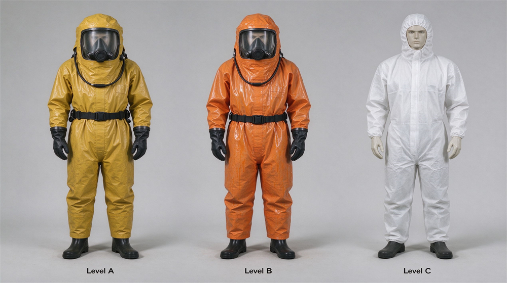 Three different grades of hazmat protective suits of Level A, Level B and Level C for hazardous chemical protection. Three different grades of hazmat protective suits of Level A, Level B and Level C for hazardous chemical protection.