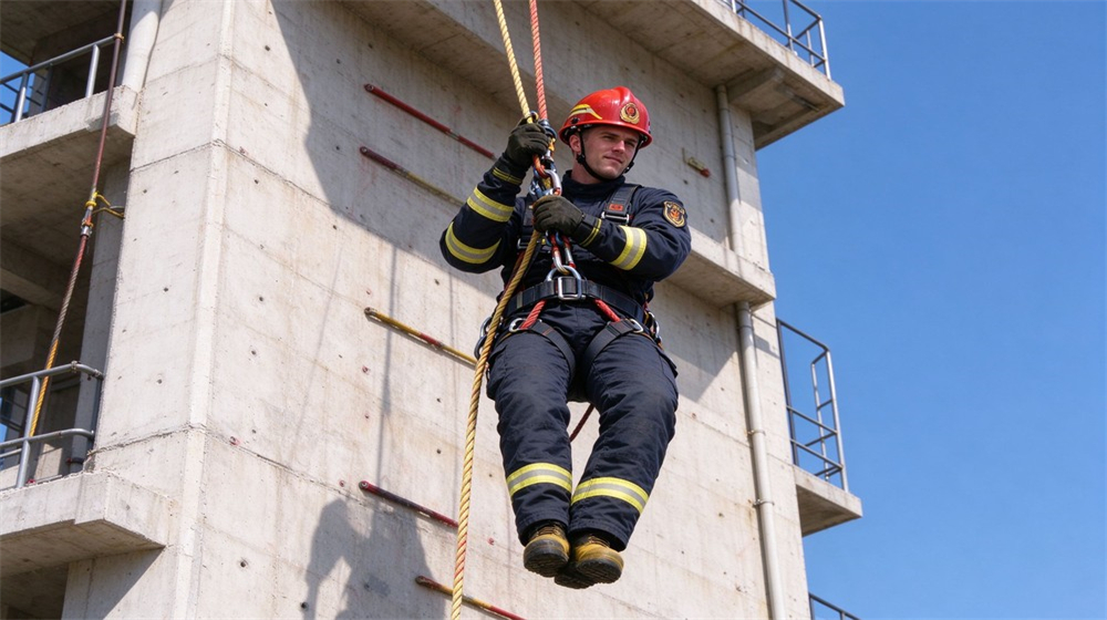 Firefighter wearing full protective gear and safety harness completes controlled descending practice with rope on fire training tower. Firefighter wearing full protective gear and safety harness completes controlled descending practice with rope on fire training tower.
