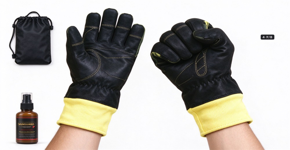 Leather fire rescue gloves with heat resistant lining, showing palm and back structure together with storage bag and care spray