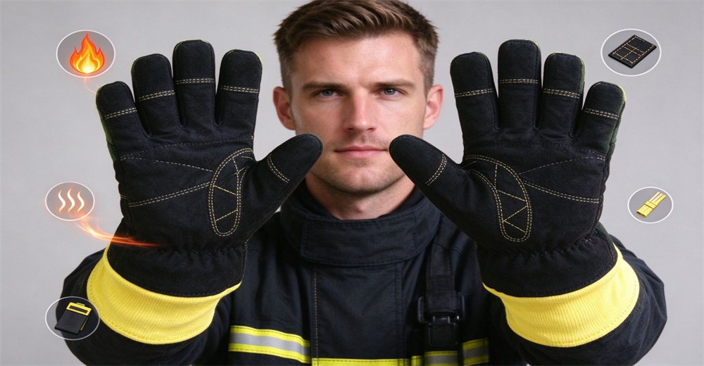 Fire fighting leather gloves with reinforced stitching and flame resistant knit cuff, showing palm and back views with accessory pouch and conditioning spray