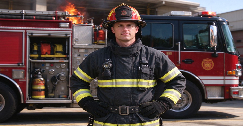 Firefighter wearing fire resistant turnout suit, safety helmet and protective fire gloves standing in front of fire truck