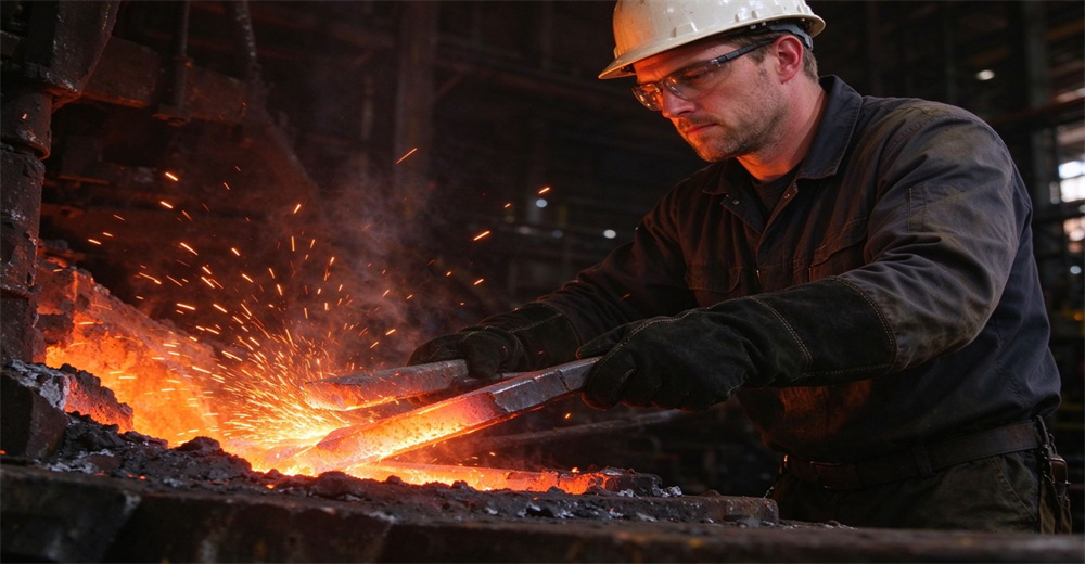 Industrial operator wearing heat resistant gloves and safety helmet gripping hot metal workpiece amid flying sparks