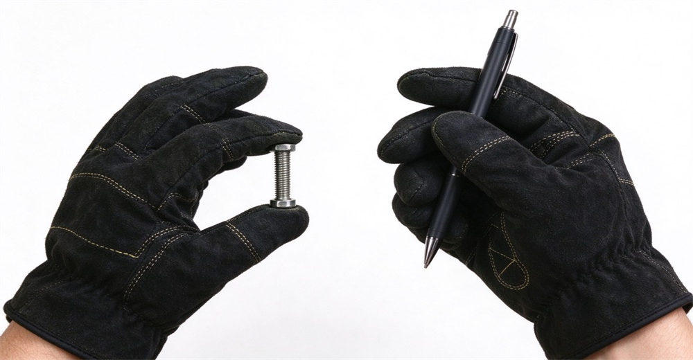 Black suede protective gloves with flexible fingertips holding metal bolt and retractable pen