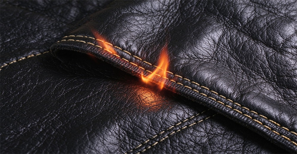 Flame resistance test on black leather fire glove material, small flame contacts stitched seam of protective leather fabric