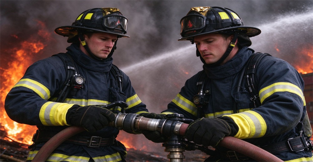 Two firefighters in protective turnout gear operate fire hose nozzle together amid flames and water spray