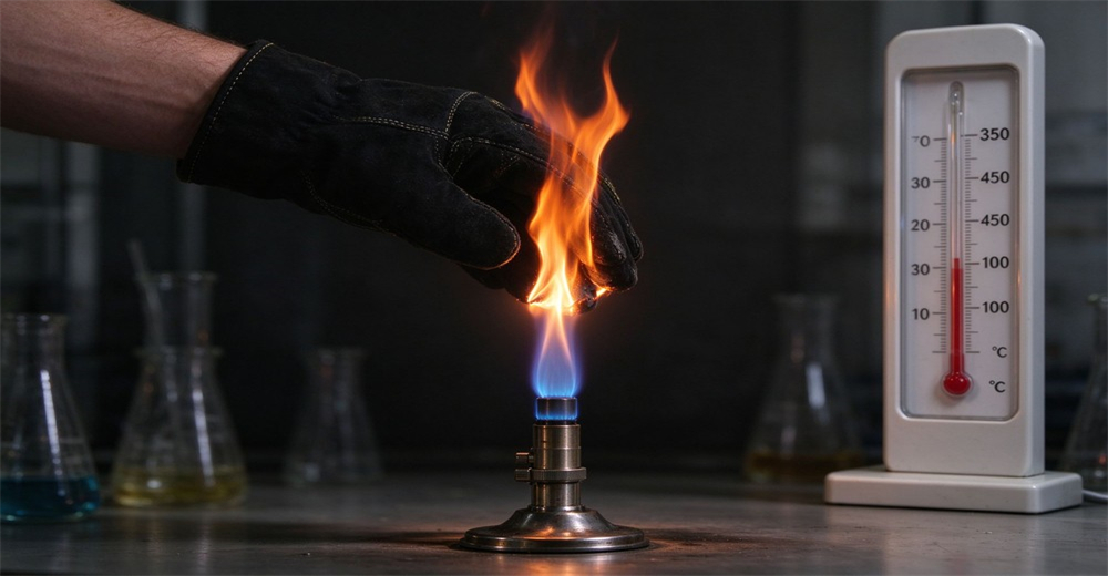 Black fire protective glove under flame resistance test above burner with thermometer beside