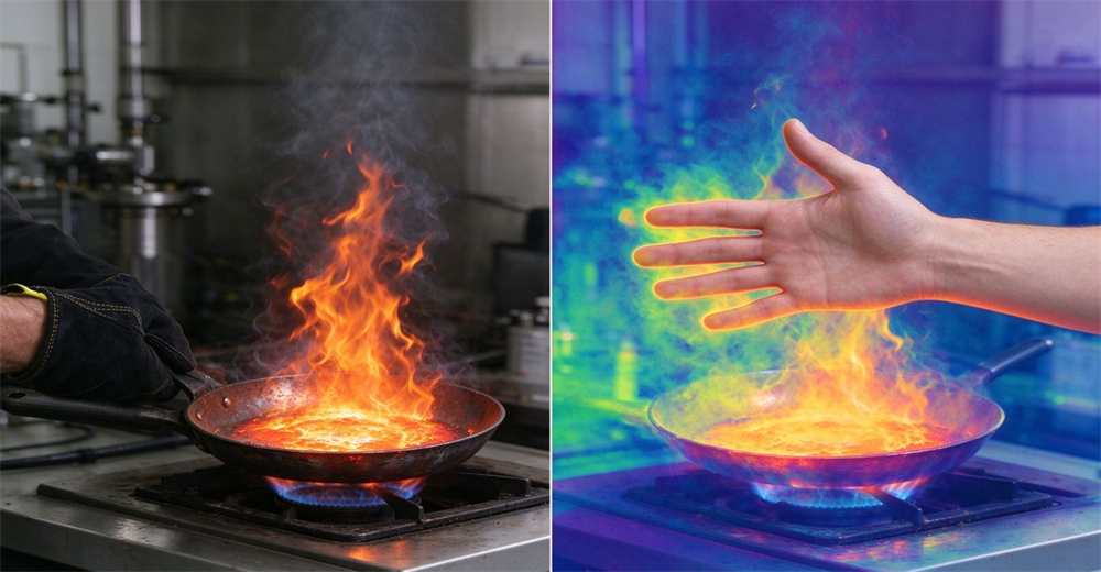 Fire protective glove withstands intense heat from flaming pan during thermal resistance comparison test, with thermal imaging view showing heat distribution on hand