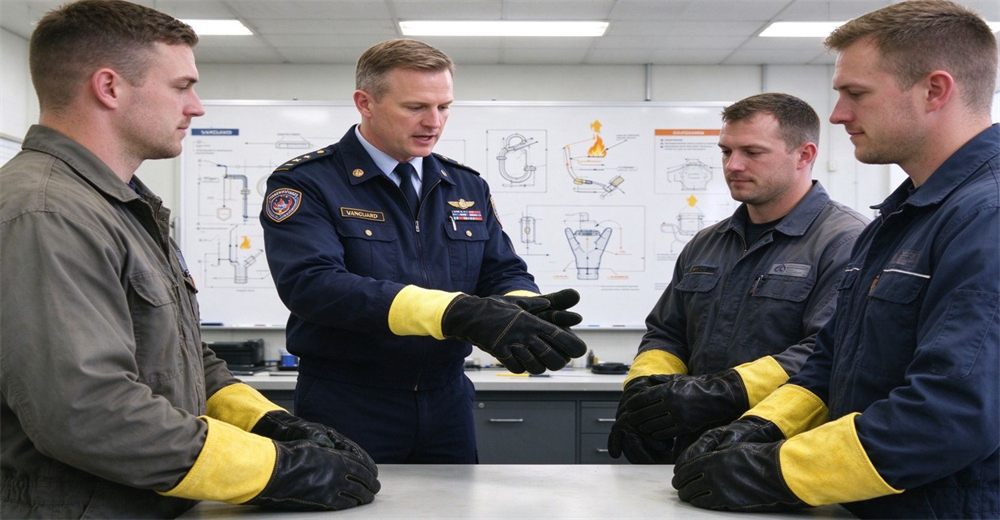 Instructor demonstrates the structure and usage of fire protective gloves to trainees during indoor technical training session