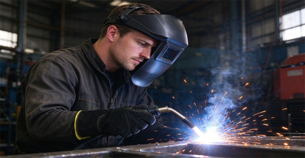 Worker wearing fire protective gloves holds welding torch during welding operation with sparks flying out