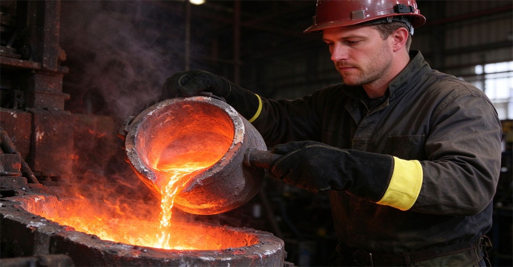 Worker wears fire protective gloves to pour high temperature molten metal in foundry workshop