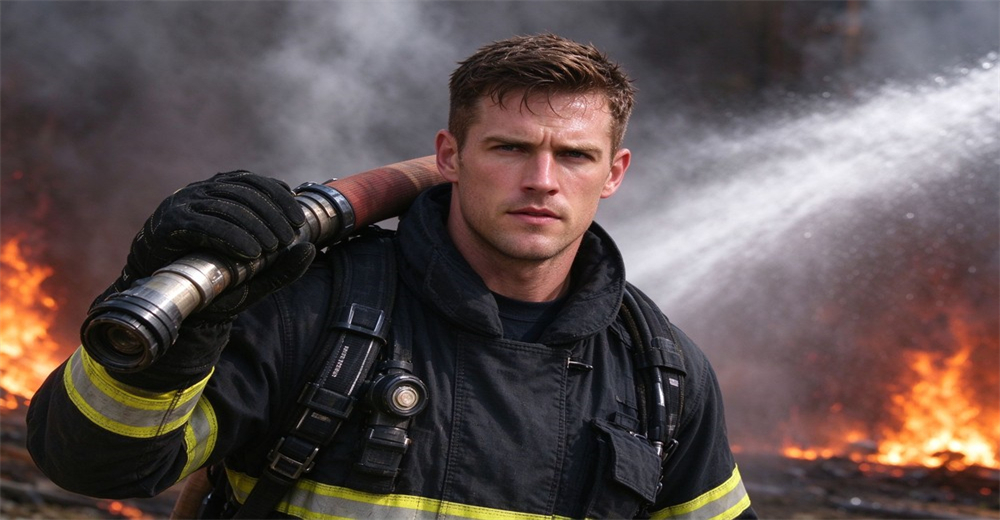 Firefighter wearing fire protective gloves carries fire hose during fire fighting operation