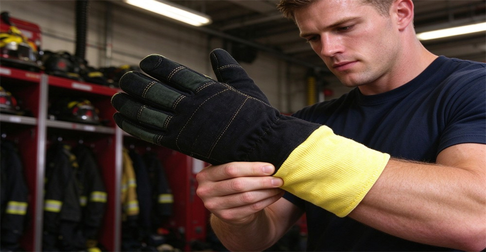 Person inspects fire protective glove with bright yellow cuff in equipment storage room